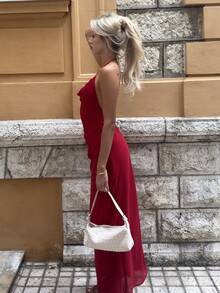 Theaadoraa Women's Sexy & Elegant Plunging Neck Backless Beaded Chain Decor Fitted Extra Long Dress, Pale Yellow,Wedding Guest Dress Women Party - Red - View 4