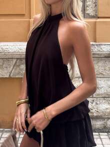 Theaadoraa Women's Casual Solid Color Ruffled Hem Halter Neck Dress, Summer,Elegant Dresses For Women,Party Dresses For Women - Coffee - View 6