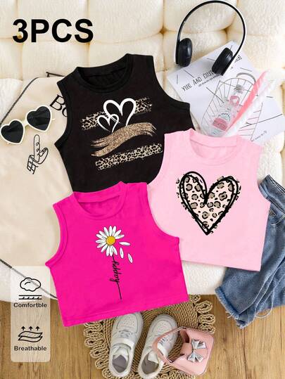 3pcs Girls Casual Tops, Spring Summer Autumn, Fashionable Creative Personality Refreshing Cute Minimalist Leopard Print Floral Line Heart Flower Pattern Letter Slogan Graphic Print Comfortable Daily Wear, Black White Burgundy, Cozy Summer Styles Suitable For Girls Spring Summer Atmosphere