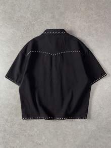 ROMWE MEN Men's Fashionable Front Button Denim Casual Shirt, Versatile Street Style Summer Top - Black - View 2