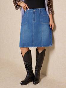 Elaquor Minifalda vaquera recta, versátil y casual con bolsillos para mujer de talla grande - Azul lavado medio - Ver 7