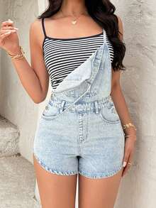 Rivivi 时尚休闲浅色水洗牛仔背带裤 - 淺色水洗藍 - 查看 6