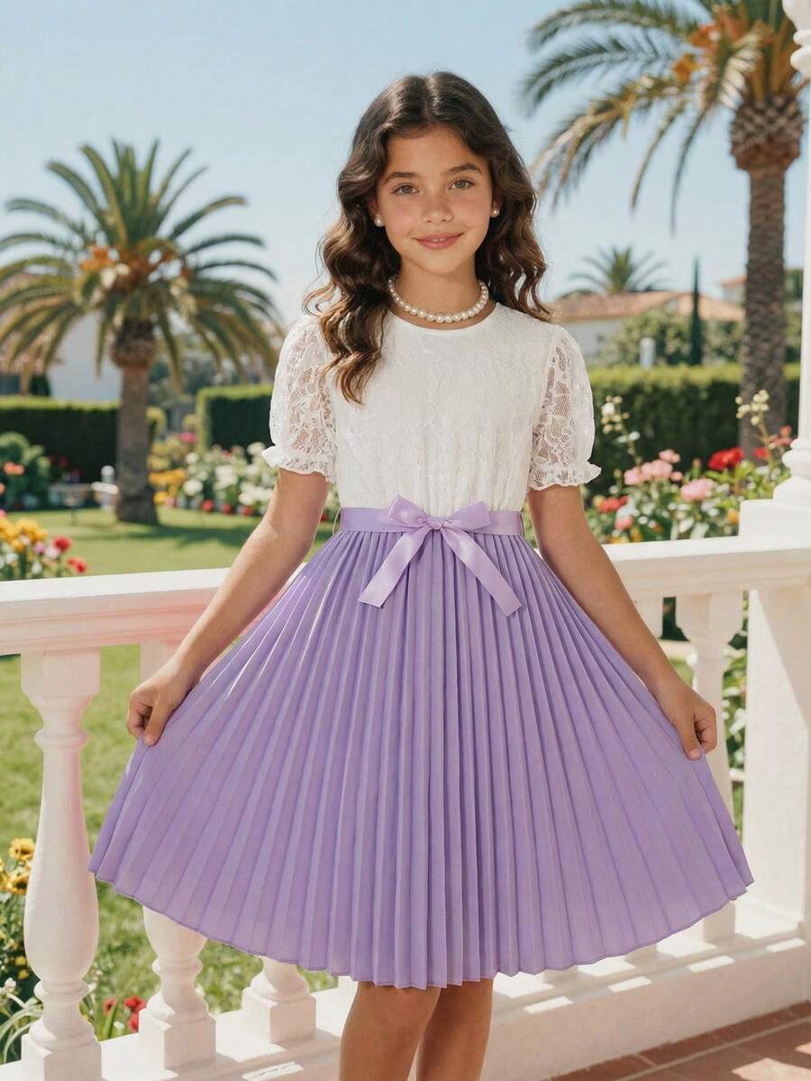SHEIN ChillGRL Gaun Ulang Tahun Remaja Perempuan Putih, Musim Panas, Elegan, Berenda, Lengan Pendek Berkerut, Leher Bulat, Kancing Tetesan, Rok Lipit, Serbaguna untuk Sehari-hari, Perjalanan, Pesta - Purple - View 1