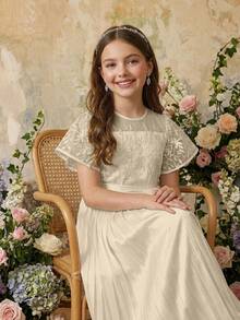 Tween Girl Elegant Lace Patchwork Flared Pants, Flower Girl Wedding Season Jumpsuit - Apricot - View 4
