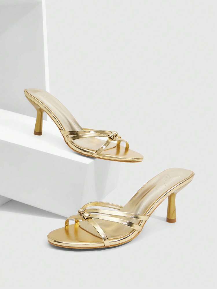 CUCCOO SZL Women's Gold PU Criss-Cross Knotted Strap Round Toe High Heel Sandals, Fashionable For Commuting And Daily Wear Prom Heels