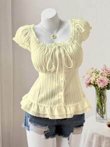 SHEIN Sweetro Cute Casual Petal Sleeve Cinched Waist Button-Front Short Sleeve Summer Shirt - Light Yellow - View 1