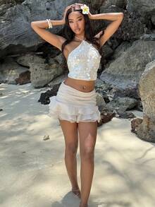 Mima John 女士优雅荷叶边下摆设计度假风格迷你裙 - 杏色 - 查看 1