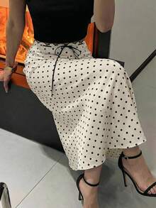 DAZY Spring & Summer Polka Dot Allover Print Waist Tie Bow Contrast Color Cocktail Party Wedding Formal Mermaid Bodycon Skirt For Women - Beige - View 5