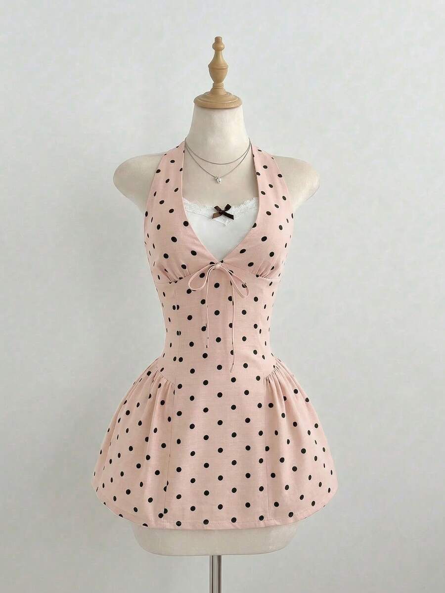 Flirla Damen Leicht Grau Polka Punkt Schleifen Kurzes Kleid - Babypink - Übersicht 1