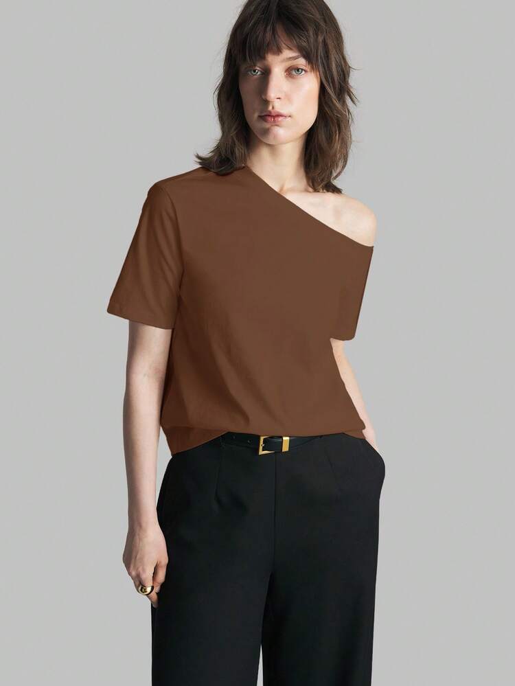 2026 Spring/Summer Women's Asymmetric Shoulder Short Sleeve T-Shirt, Minimalist Elegant Solid Color Casual Office Wear, Suitable For Teachers, Wedding Guests, Vacation, Business Casual, Versatile,Summer Top