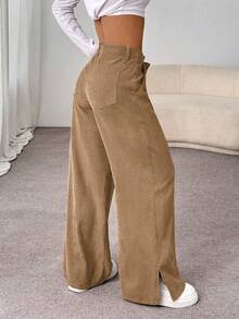 SHEIN Unity 秋冬季休闲时尚灯芯绒侧开衩宽松直筒长裤（女款） - 杏色 - 查看 2