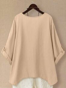 EMERY ROSE Plus Size Women's Cotton Linen Asymmetrical Hem Long Sleeve Blouse, Spring/Summer - Apricot - View 2
