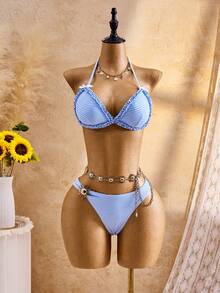 Bellisia 女士三件套可爱V领挂脖荷叶边比基尼上衣、三角泳裤和裙子泳衣套装，夏季 - 藍白色 - 查看 4