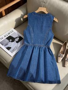 GlowEve Women's Autumn Sleeveless Denim Dress With Bow Decor Swimming Pastal Sexy - Medium Wash - View 2