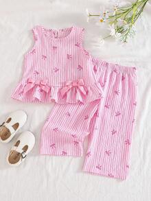 SHEIN Vintaside Kids 2件組女嬰粉色與白色夏季可愛格紋印花蝴蝶結裝飾背心上衣與長褲套裝，親子穿搭時尚校園旅行穿著 - 粉色 - 查看 1