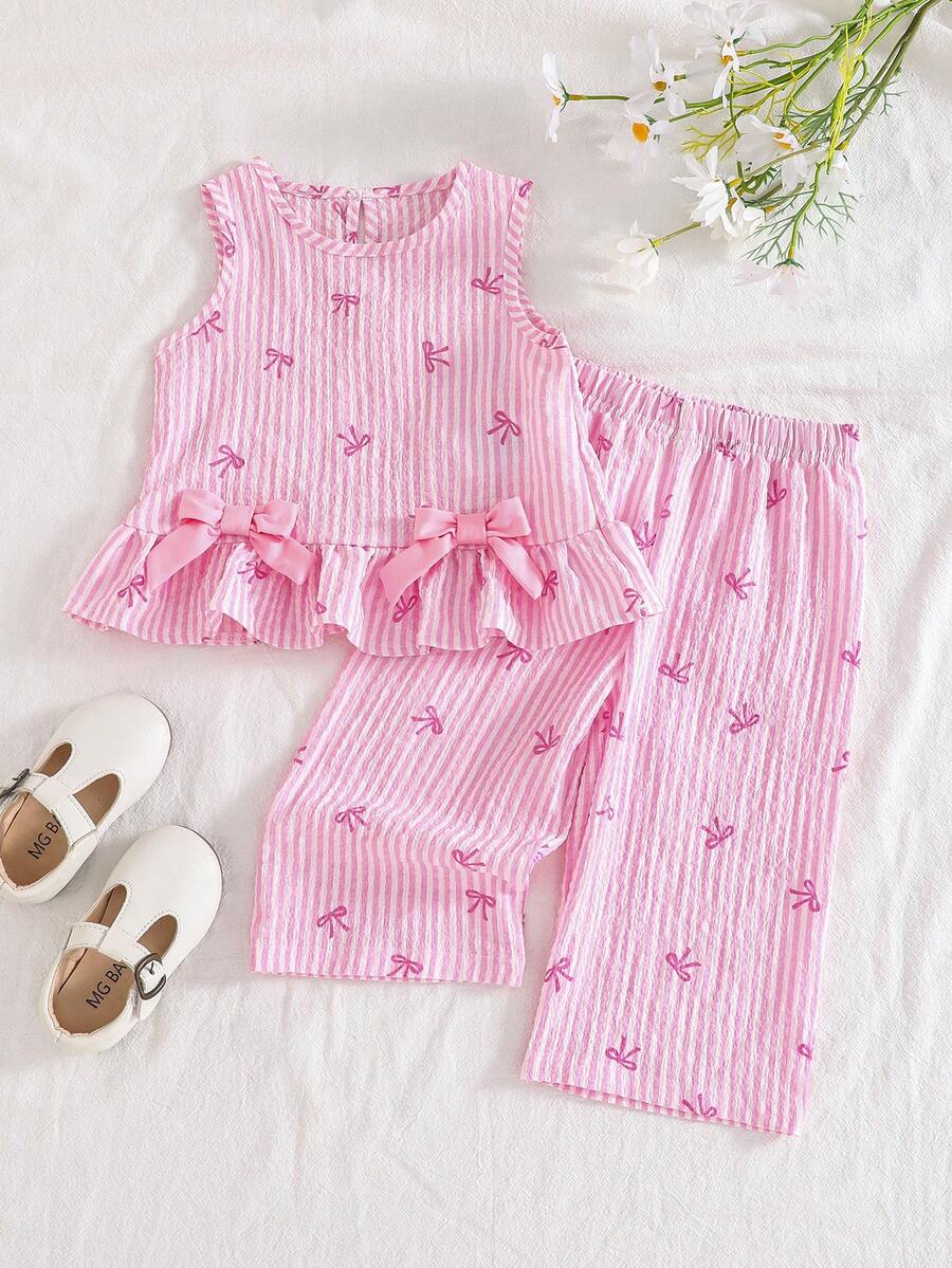SHEIN Vintaside Kids 2件組女嬰粉色與白色夏季可愛格紋印花蝴蝶結裝飾背心上衣與長褲套裝,親子穿搭時尚校園旅行穿著 - 粉色 - 查看 1