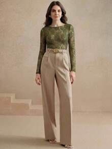 Anewsta Camiseta de mujer de manga larga, elegante, de unicolor y con abertura elástica - Verde militar - Ver 6