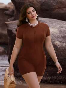 Swim Lushoire Maillot de bain une pièce grande taille longueur complète avec fermeture éclair - Tabac - Voir 5