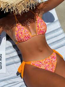 Swim Vcay Women's Fashion Printed Halter Strap Triangle Bikini Set, Summer - Orange - View 1