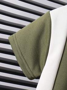 SHEIN Streecool Kids 男童休闲Polo衫套装（2件套），上衣采用撞色拼接设计，并饰有织唛，裤子采用撞色锥形裤腿设计，面料舒适，适合夏秋穿着。 - 軍綠色 - 查看 3