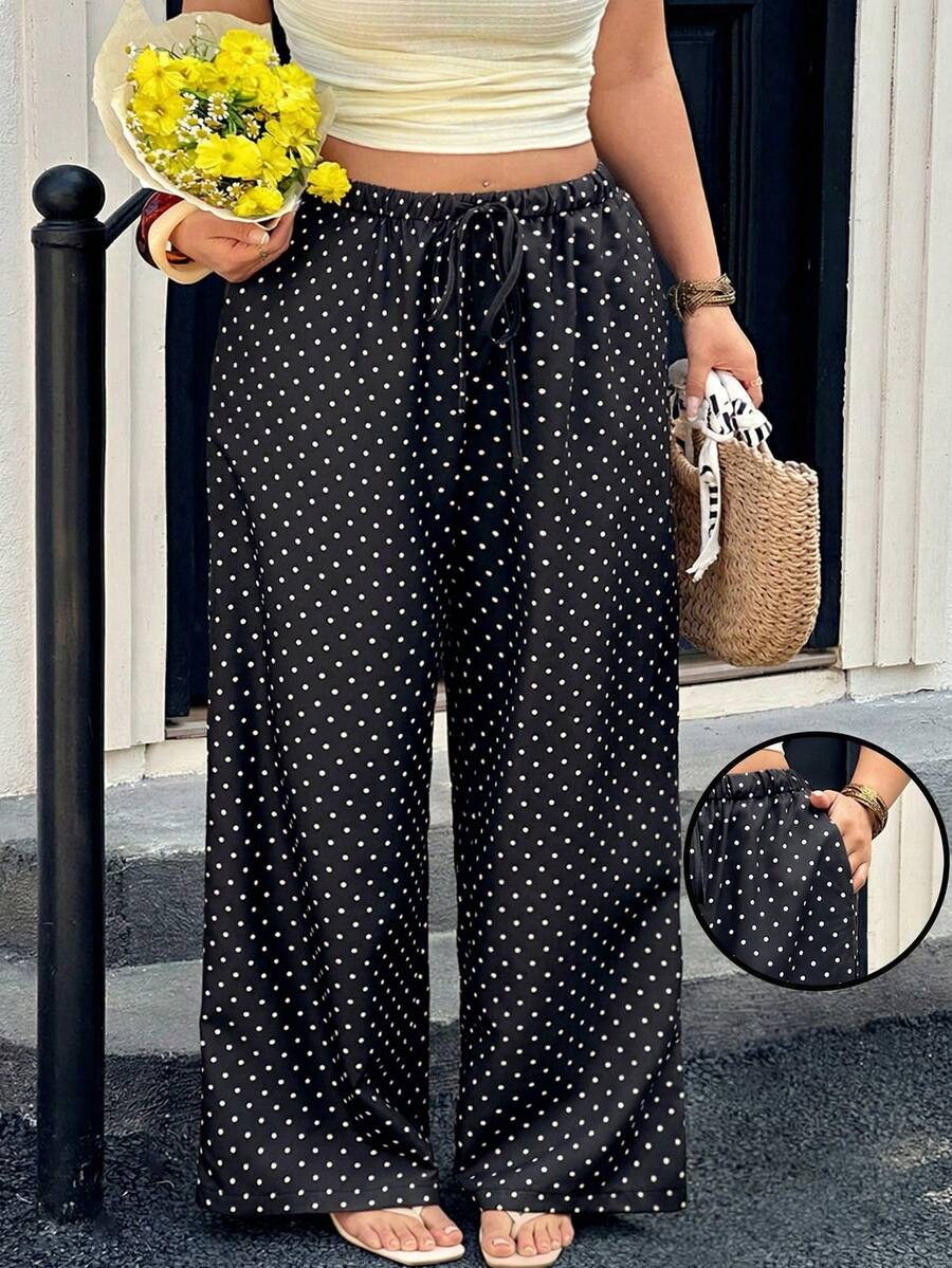 GalTyme Plus Size Women Black Polka Dot Pattern Tie Waist Pants - Black - View 1