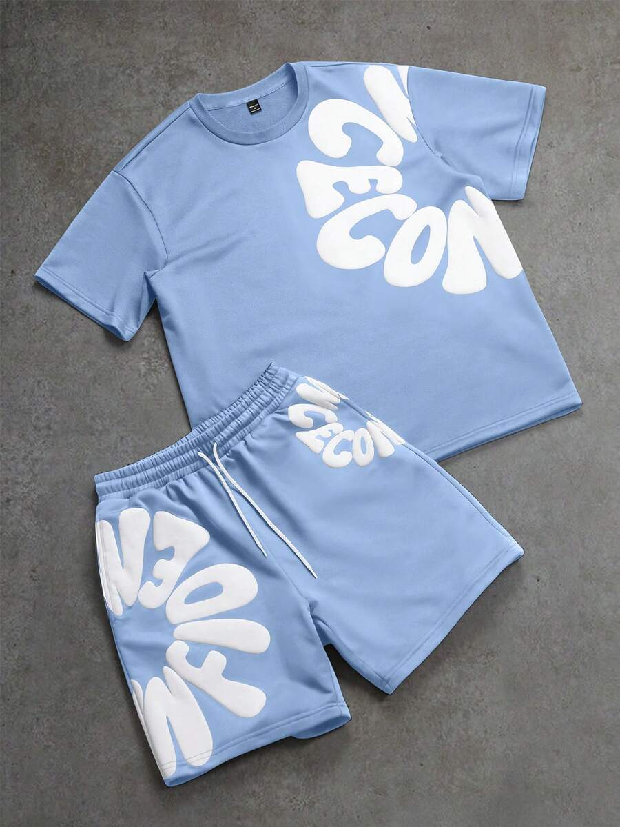 PAVTROS Men's Letter Print Round Neck Short Sleeve T-Shirt And Shorts Casual Set - Baby Blue - View 1