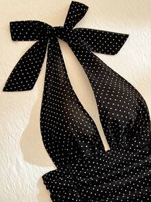 Glimmora Women's Polka Dot Print Halter Sexy Top - Black - View 5