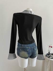 Elamini 1 件女式条纹拼接不对称下摆紧身长袖 T 恤，二合一衬衫领，时尚休闲街头风格，秋冬图案 T 恤女式春季上衣 - 黑與白 - 查看 2