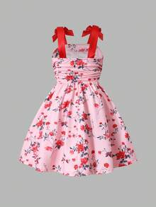 Cute Girls Floral Print Camisole Dress With Bow, Sleeveless Mid-Length Casual Dress, Summer Outfit - Red - View 2
