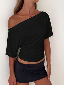 Aloruh Asymmetric Shoulder Loose Top With Cinched Waist, Minimalist Basic T-Shirt,Summer Top - Black - View 8