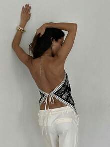 Aloruh Blusa de mujer elegante con cuello de halter, estampado de tinte anudado y gasa para playa y vacaciones - Negro - Ver 2