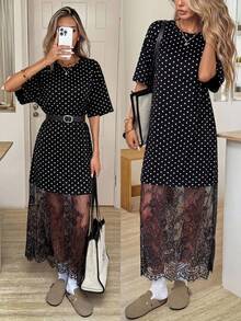 Easowa Đầm midi dự tiệc thường ngày phối ren chấm bi dành cho nữ - Đen và trắng - Xem 6