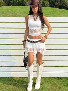 SHEIN EZwear 女士白色蕾丝露脐紧身上衣和迷你裙两件套 - 白色 - 查看 5