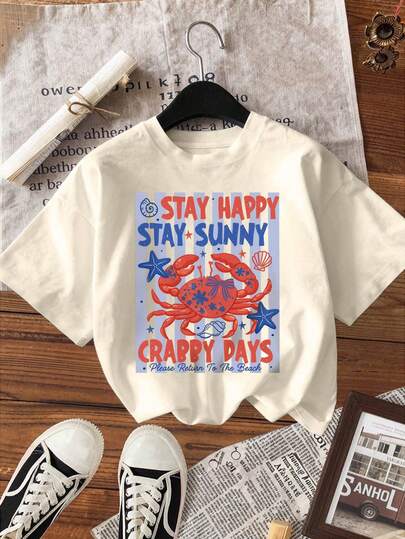 DrmWander Vacation-Style Crabby Days T-Shirt With Marine Elements And Blue Stripes. Printed Casual Plus-Size T-Shirt.