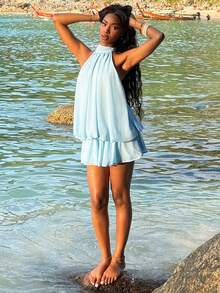 Mima John Women's Elegant Light Blue Halter Tie Mini Dress,Elegant Dresses For Women,Women Dating Dress,Women Night Out Dress,Summer Dresses For Women, Honeymoon Outfits Woman .Women Wedding Guest Dress. Island Vacation Outfits,Wedding Guest Dress Women ,Sun Dresses For Women ,Elegant Dresses For Party, Birthday Dresses For Women - Blue - View 6