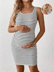 SHEIN Nursing Striped Print Scoop Neck Casual Sleeveless Dress - White - View 1