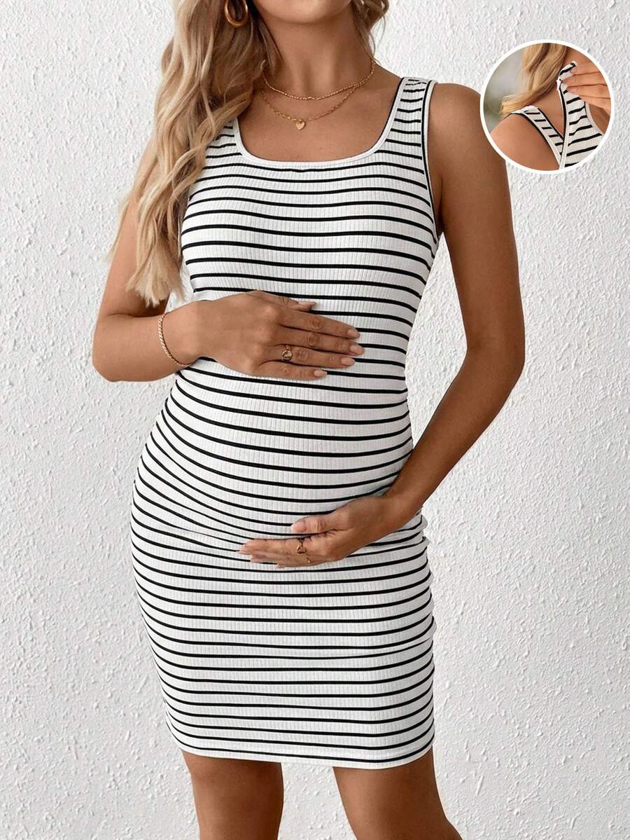 SHEIN Nursing Striped Print Scoop Neck Casual Sleeveless Dress - White - View 1