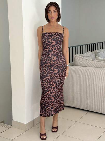 IamThia 优雅豹纹无袖垂坠领修身连衣裙，适合派对、聚会、度假、秋季长裙、日常穿着