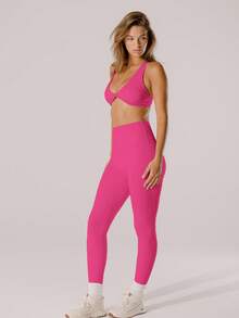 Aralina Quần legging nữ cạp cao, màu trơn, kiểu dáng thể thao thường ngày. - Hồng nhiệt đới - Xem 7