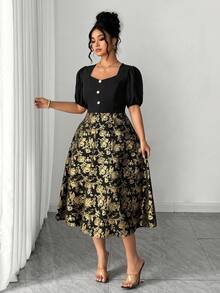 Elenzga 大码女式复古优雅拼接设计方领泡泡袖新款金色花卉印花连衣裙 - 黑色 - 查看 3