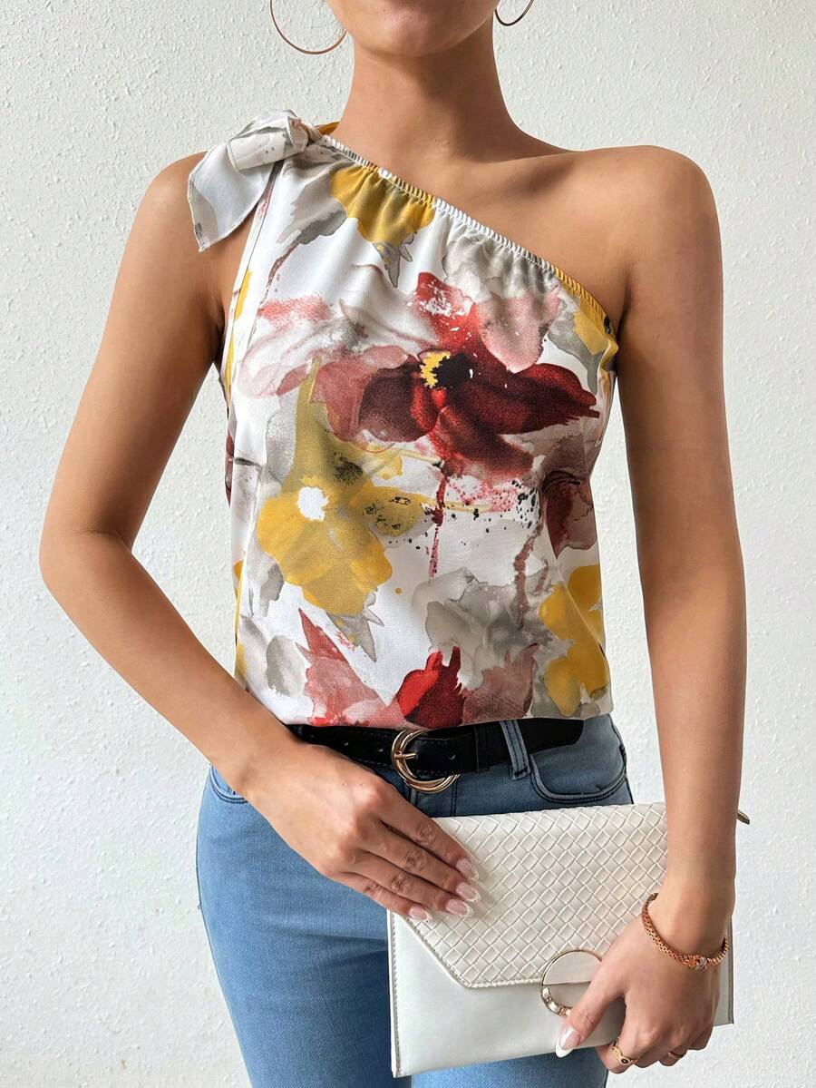 Breezaya Blusa asimétrica sin mangas con estampado de flores y hombro descubierto - Multicolor - Ver 1