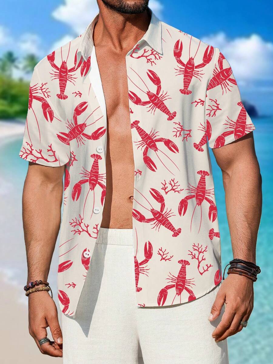 Genlund Áo sơ mi nam tay ngắn kiểu dáng thường ngày đi biển, áo in hình tôm hùm và san hô kiểu Mỹ cổ điển, áo sơ mi tay ngắn in hình tôm hùm đỏ kiểu Hawaii, áo sơ mi nam mặc đi biển nghỉ mát. - Nhiều màu - Xem 1