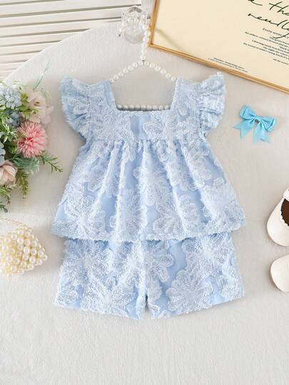 SHEIN 2件套女婴0-3岁春夏优雅甜美3D立体花卉提花领衬衫和短裤套装