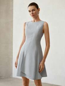MOTF PREMIUM VESTIDO CORTO ELEGANTE SIN MANGAS DE DISEÑO DE unicolor PARA MUJER, PRIMAVERA/VERANO - Celeste - Ver 5