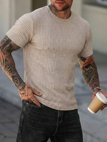 Camiseta casual de algodón con textura acanalada clásica unicolor para hombres - Beis - Ver 1