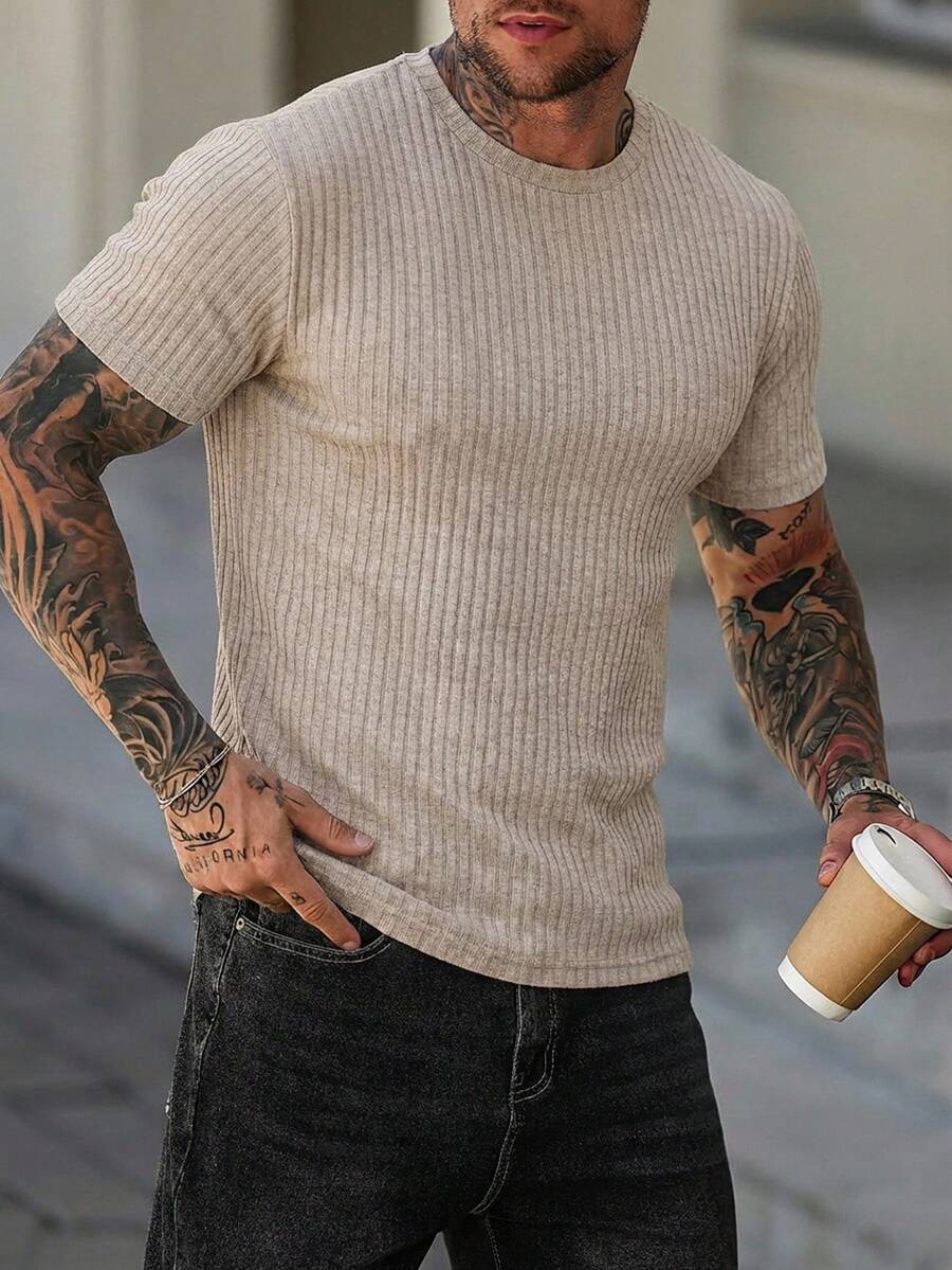Camiseta casual de algodón con textura acanalada clásica unicolor para hombres - Beis - Ver 1