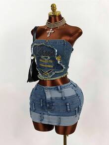 Mistrie Áo ống denim ôm sát dành cho nữ, thêu chữ và viền tua rua. - Màu xanh lam - Xem 3