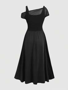 Đầm đen ôm dáng thanh lịch cho bé gái, phối lưới, hở vai, tay bồng, xếp ly, thích hợp dự tiệc, lễ Giáng sinh, phù dâu, dạ hội. - màu đen - Xem 2