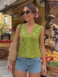 Elyressa V-Neck Sleeveless Knit Cardigan With Sequin Decor And Front Button Closure, Fashionable Sexy Golf Pastal Autumn - Green - View 7