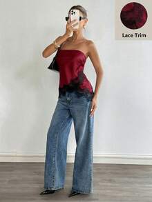 Matte Satin Lace Trim Bandeau Top,Summer Top Trending Outfit - Burgundy - View 5